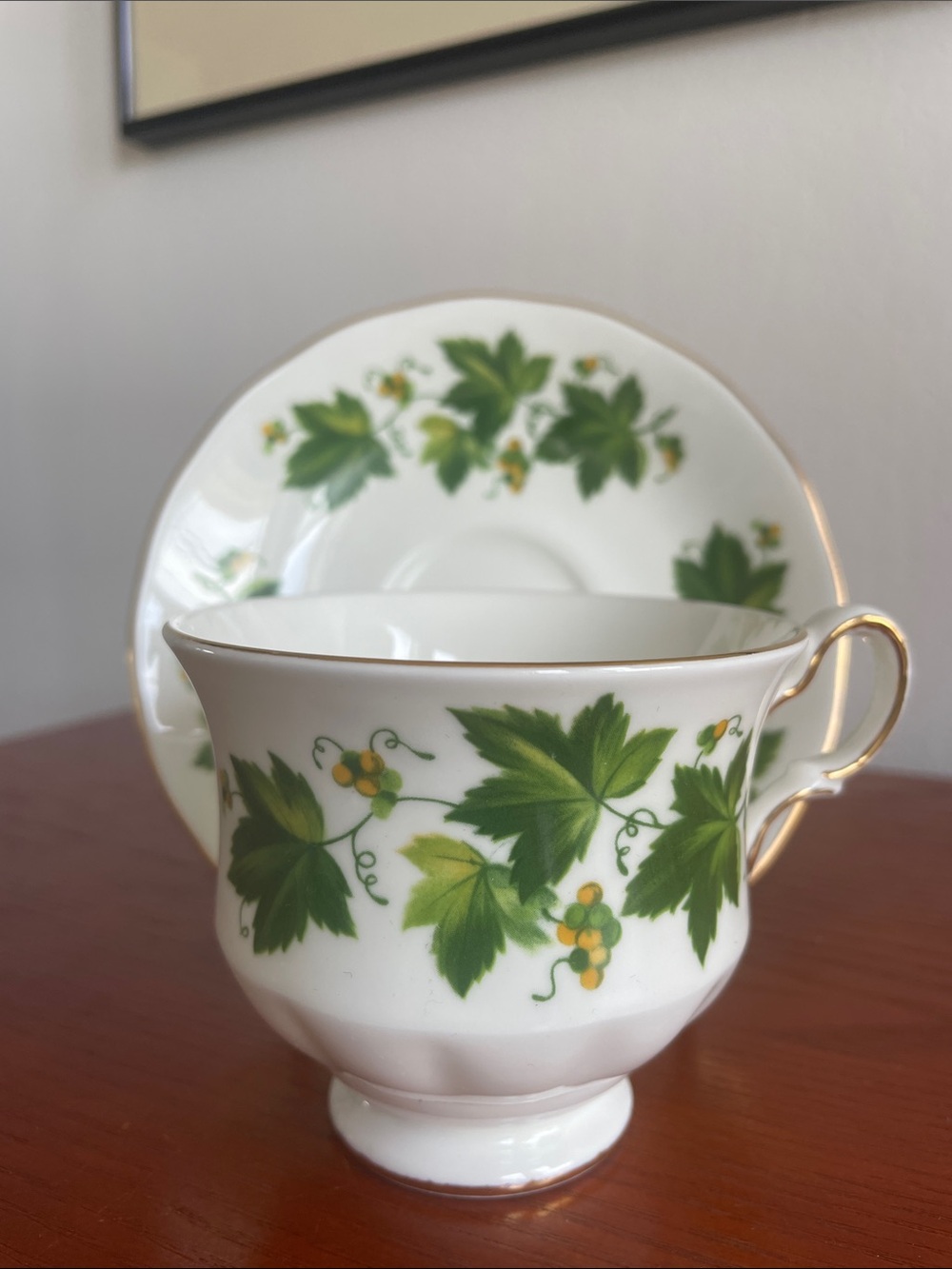 Vintage Queen Anne 8840 Bone China Tea Cup & Saucer Green Ivy Pattern Tea Party